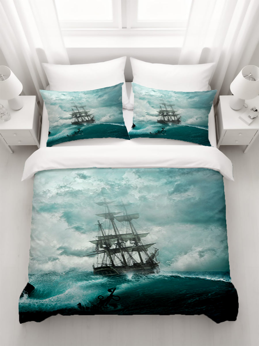 Blue Ship Storm Seascape Artwork Duvet Cover