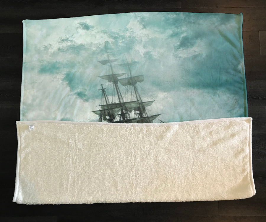 Blue Ship Storm Seascape Artwork Fleece Sherpa Blanket