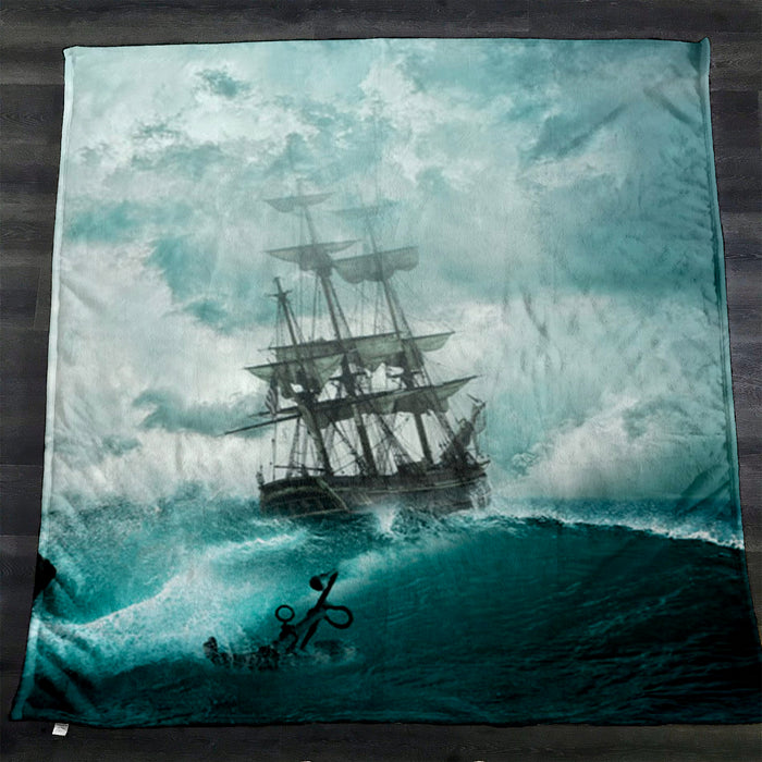 Blue Ship Storm Seascape Artwork Fleece Sherpa Blanket