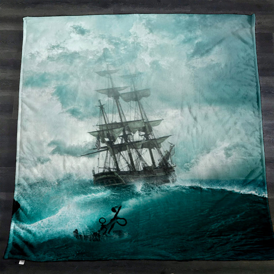 Blue Ship Storm Seascape Artwork Fleece Sherpa Blanket
