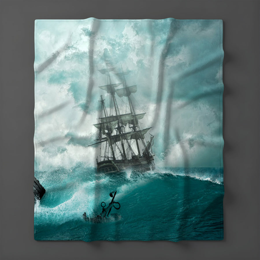 Blue Ship Storm Seascape Artwork Fleece Sherpa Blanket