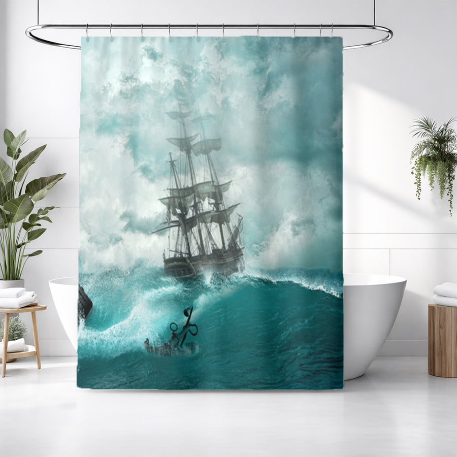 Blue Ship Storm Seascape Artwork Shower Curtain