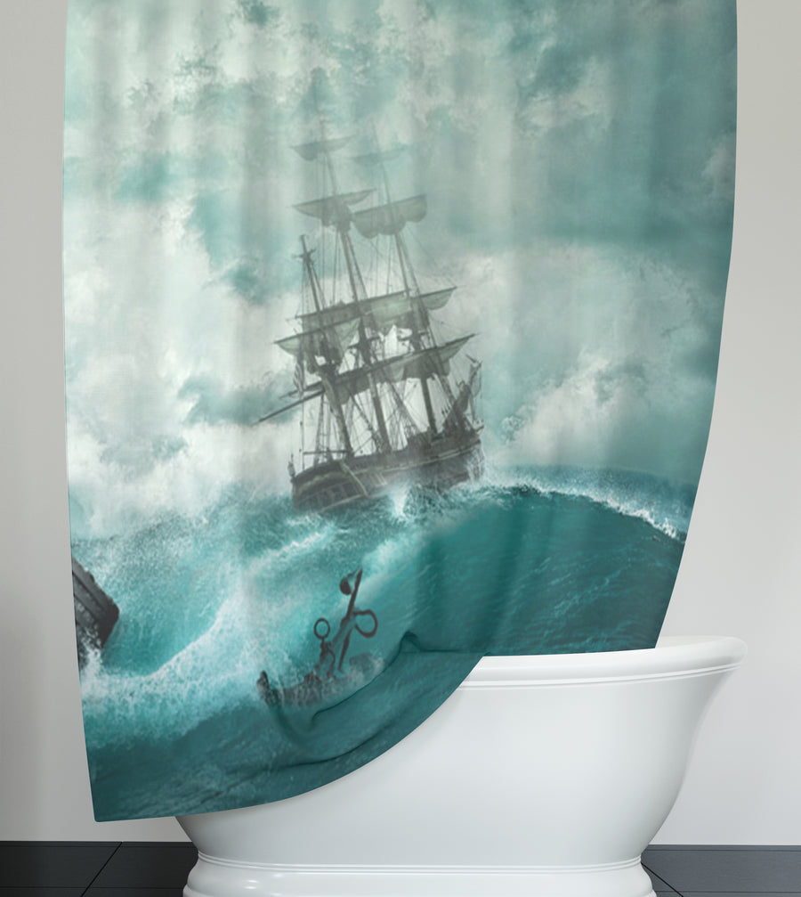 Blue Ship Storm Seascape Artwork Shower Curtain