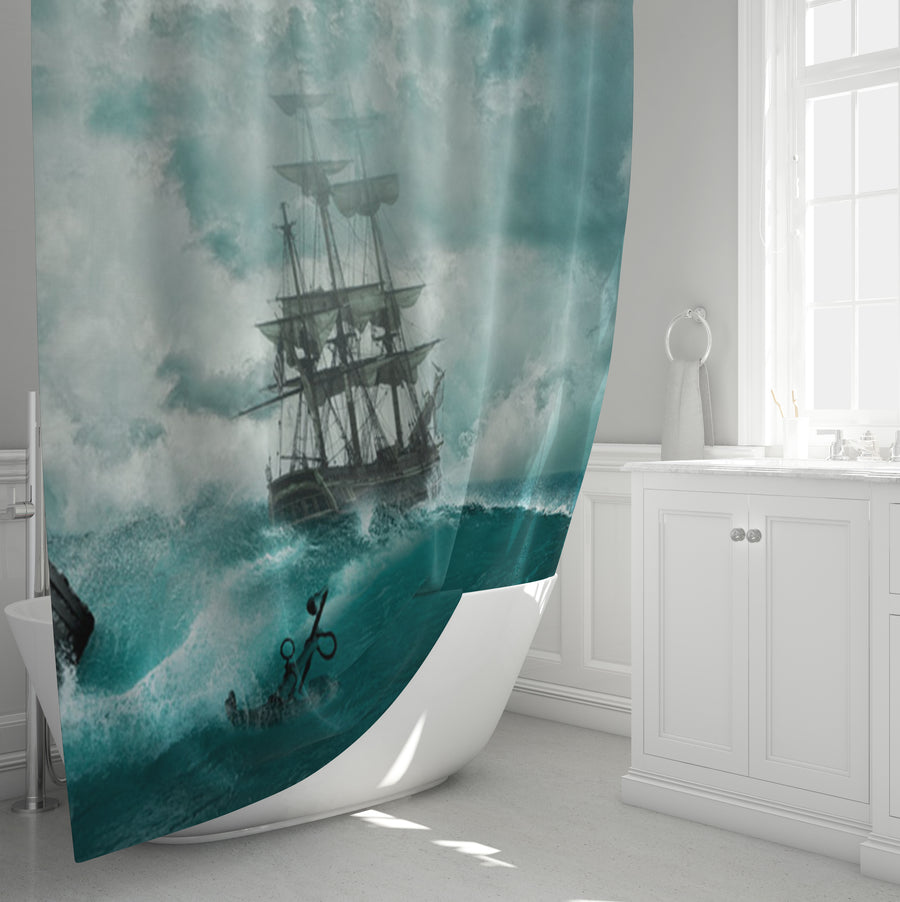 Blue Ship Storm Seascape Artwork Shower Curtain