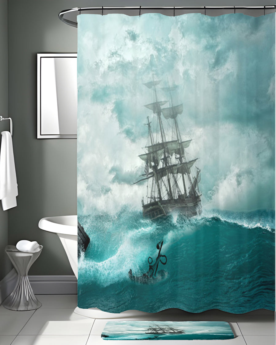 Blue Ship Storm Seascape Artwork Shower Curtain