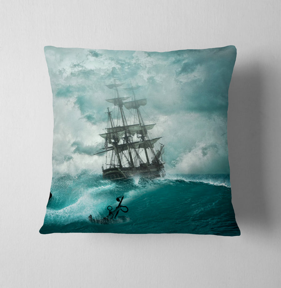 Blue Ship Storm Seascape Artwork Throw Pillow Cover