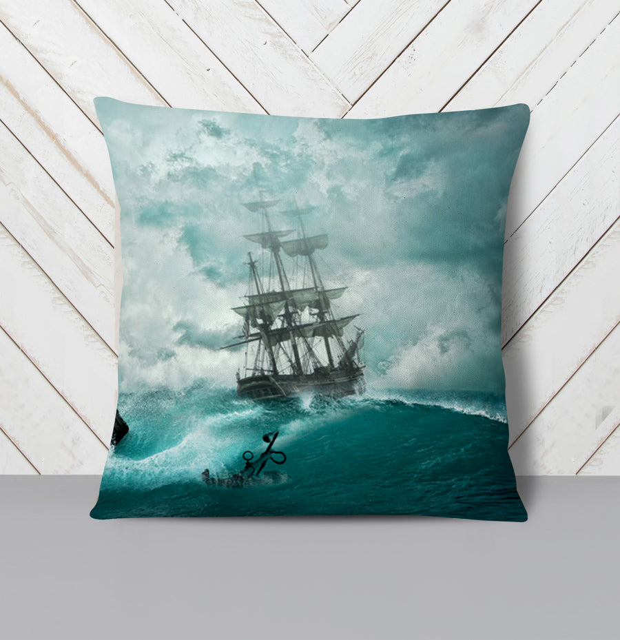 Blue Ship Storm Seascape Artwork Throw Pillow Cover