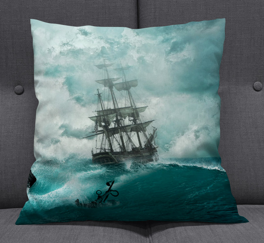 Blue Ship Storm Seascape Artwork Throw Pillow Cover