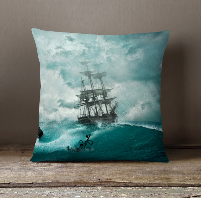 Blue Ship Storm Seascape Artwork Throw Pillow Cover