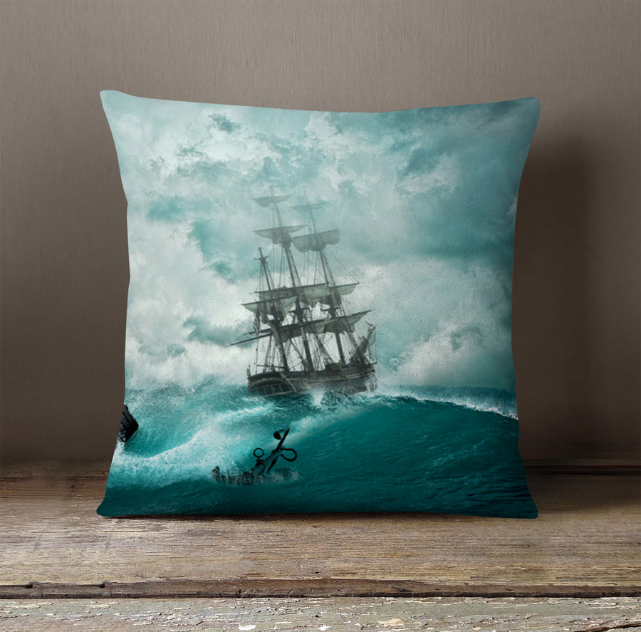 Blue Ship Storm Seascape Artwork Throw Pillow Cover