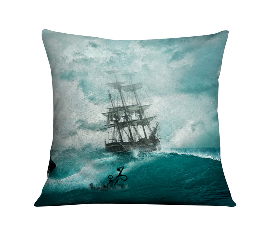 Blue Ship Storm Seascape Artwork Throw Pillow Cover