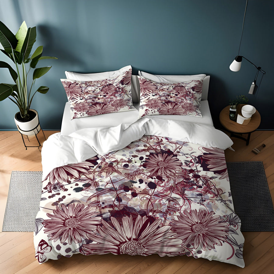 Pink Floral Sketch Garden Pattern Duvet Cover
