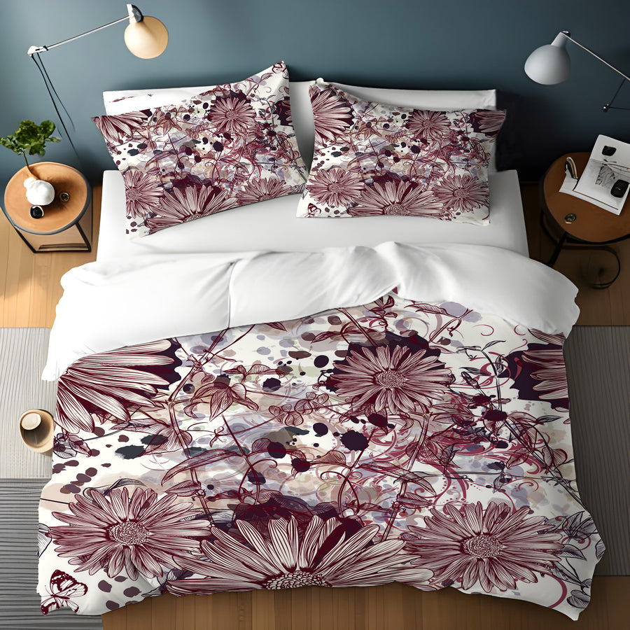Pink Floral Sketch Garden Pattern Duvet Cover