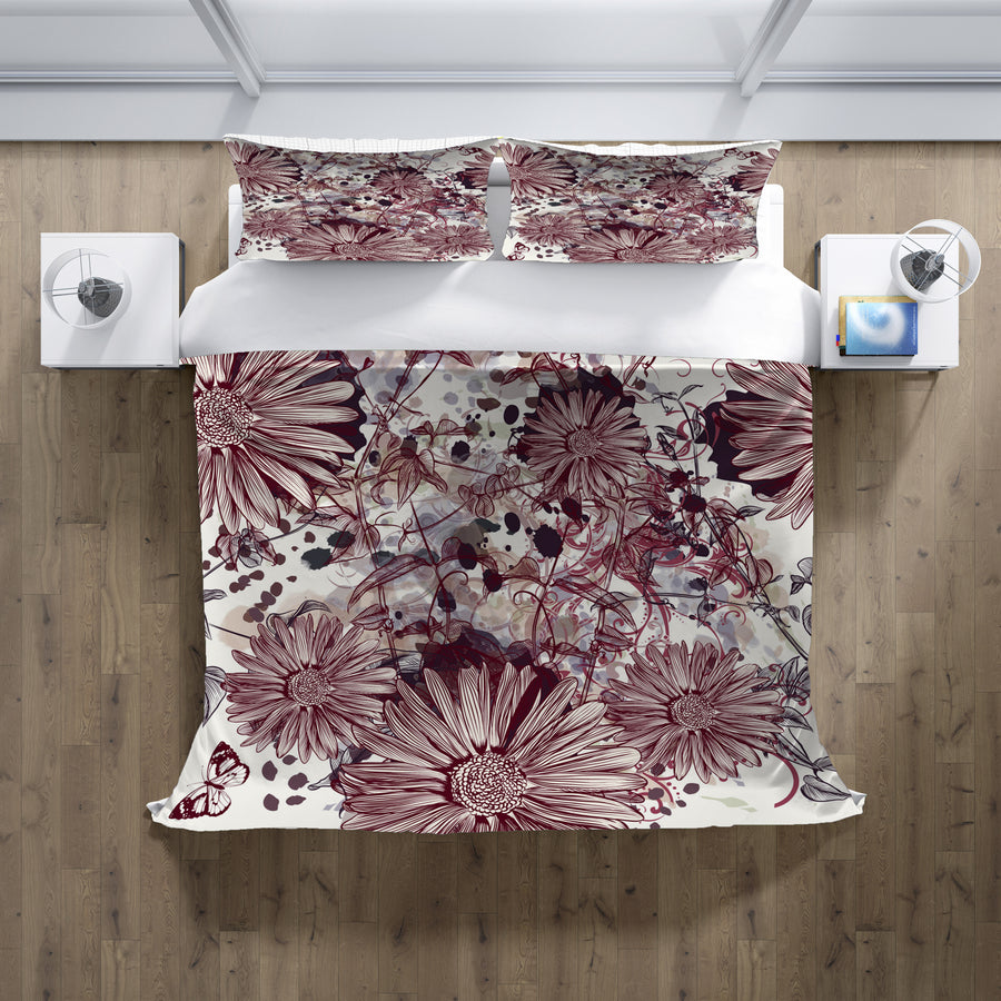 Pink Floral Sketch Garden Pattern Duvet Cover