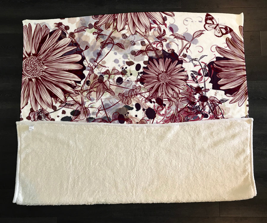 Pink Floral Sketch Garden Pattern Fleece Sherpa Blanket
