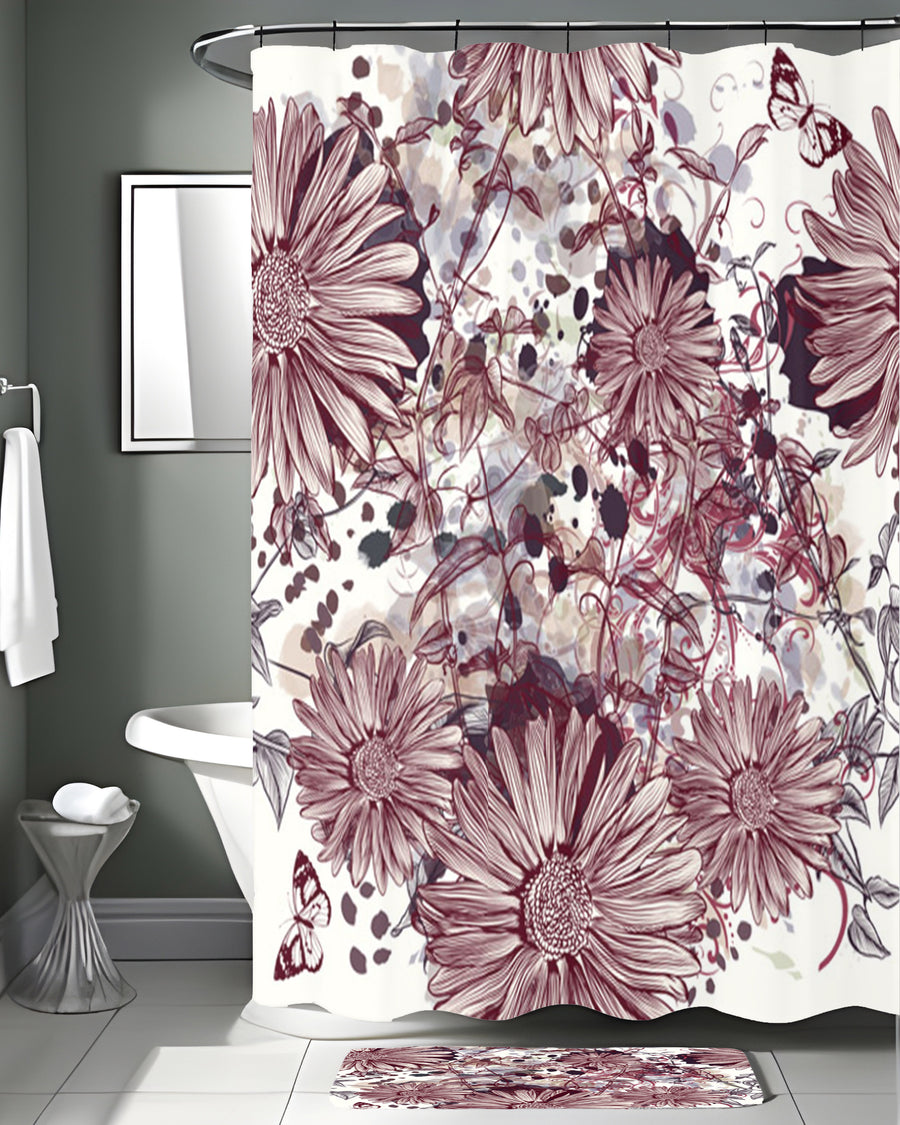 Pink Floral Sketch Garden Pattern Shower Curtain