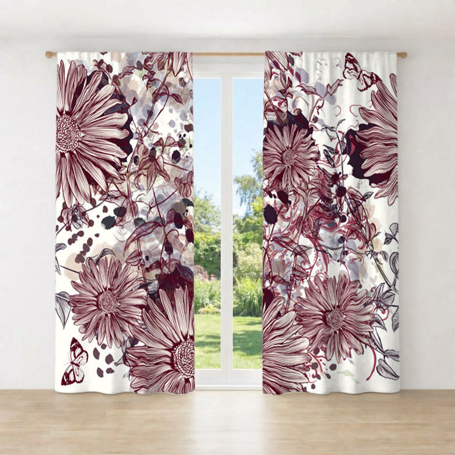 Pink Floral Sketch Garden Pattern Window Curtains