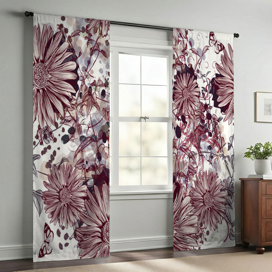 Pink Floral Sketch Garden Pattern Window Curtains