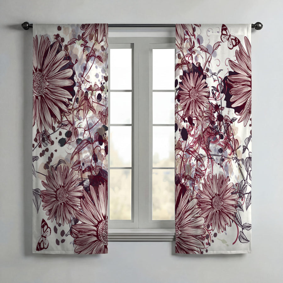 Pink Floral Sketch Garden Pattern Window Curtains