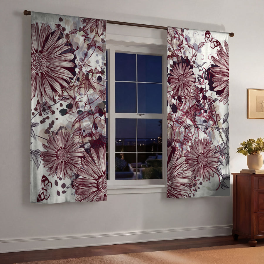 Pink Floral Sketch Garden Pattern Window Curtains