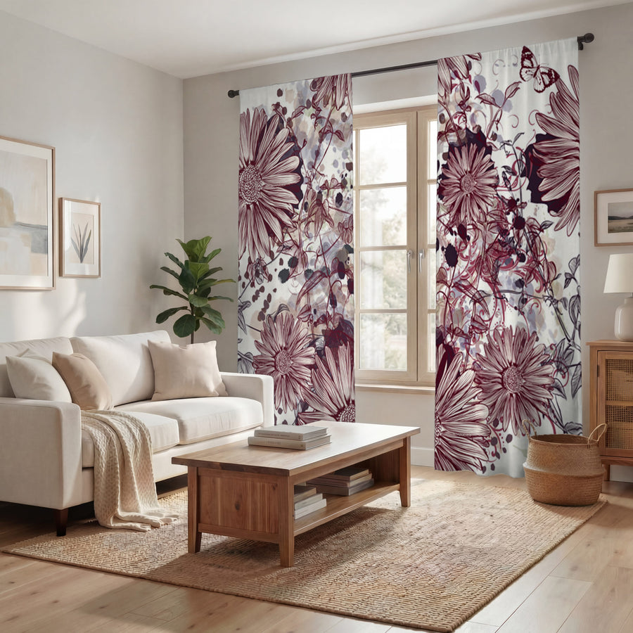 Pink Floral Sketch Garden Pattern Window Curtains