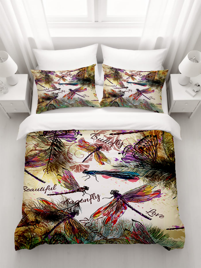 Multicolor Dragonfly Botanical Illustration Duvet Cover