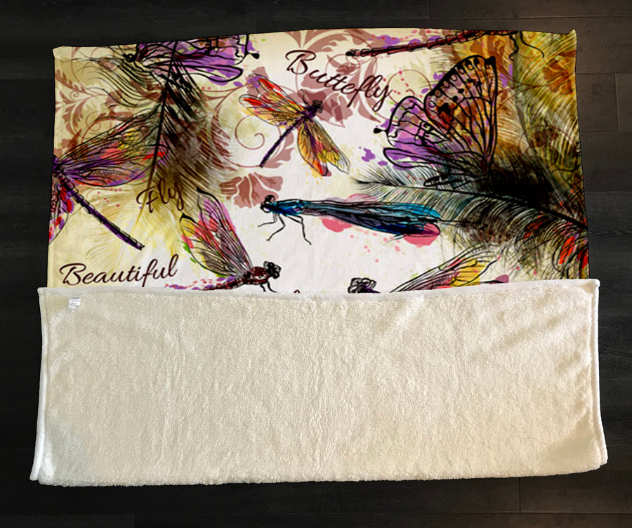 Multicolor Dragonfly Botanical Illustration Fleece Sherpa Blanket