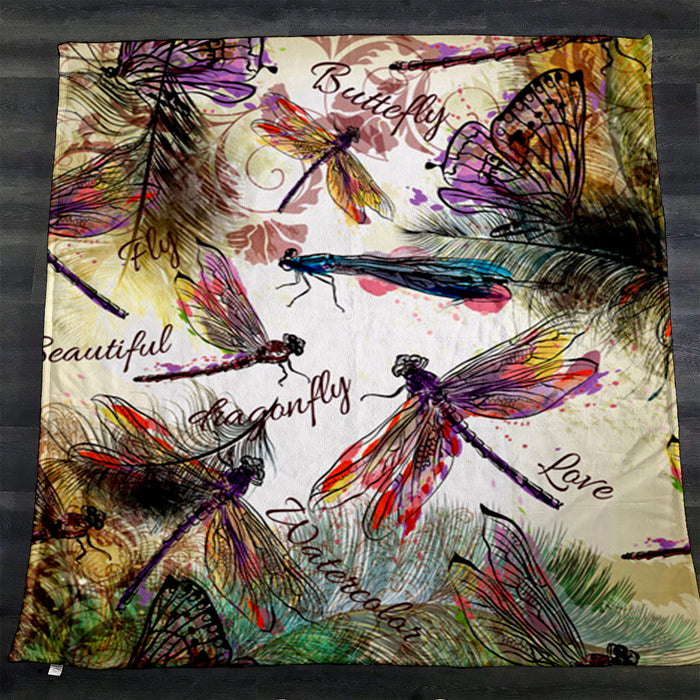 Multicolor Dragonfly Botanical Illustration Fleece Sherpa Blanket