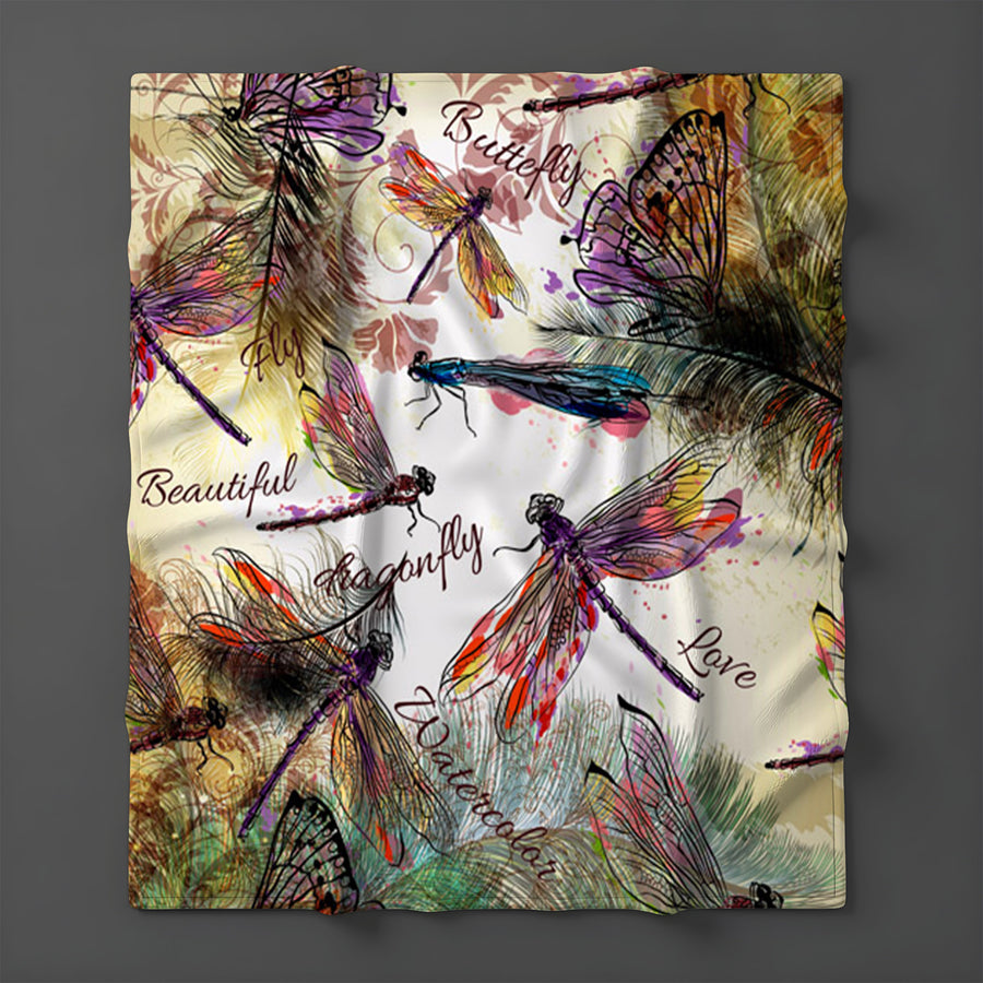 Multicolor Dragonfly Botanical Illustration Fleece Sherpa Blanket