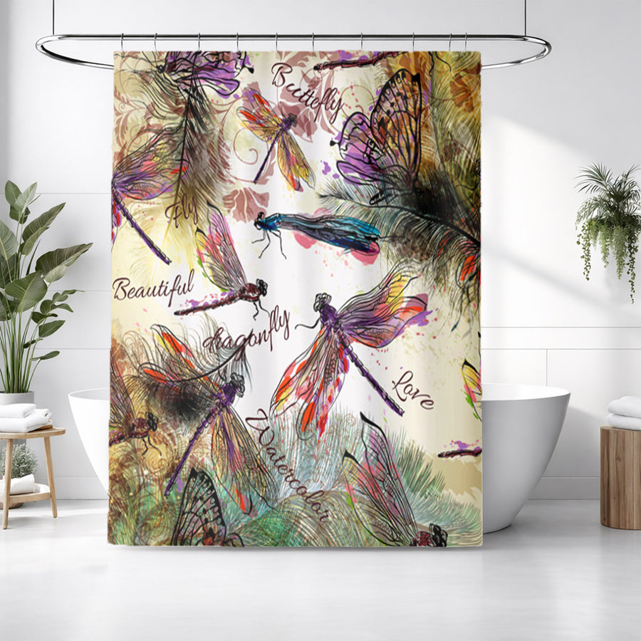 Multicolor Dragonfly Botanical Illustration Shower Curtain