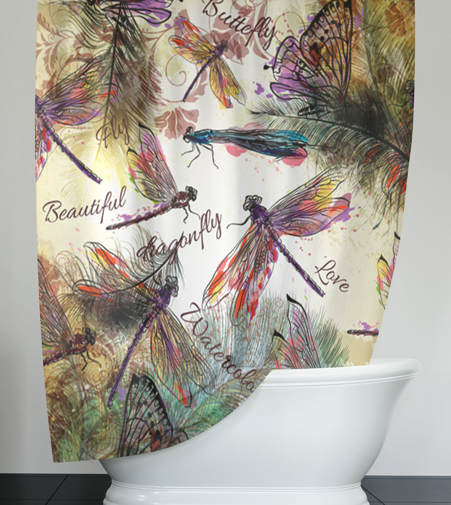 Multicolor Dragonfly Botanical Illustration Shower Curtain