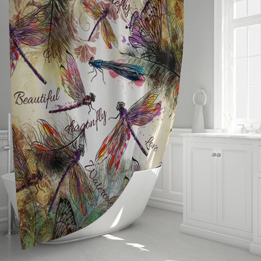Multicolor Dragonfly Botanical Illustration Shower Curtain