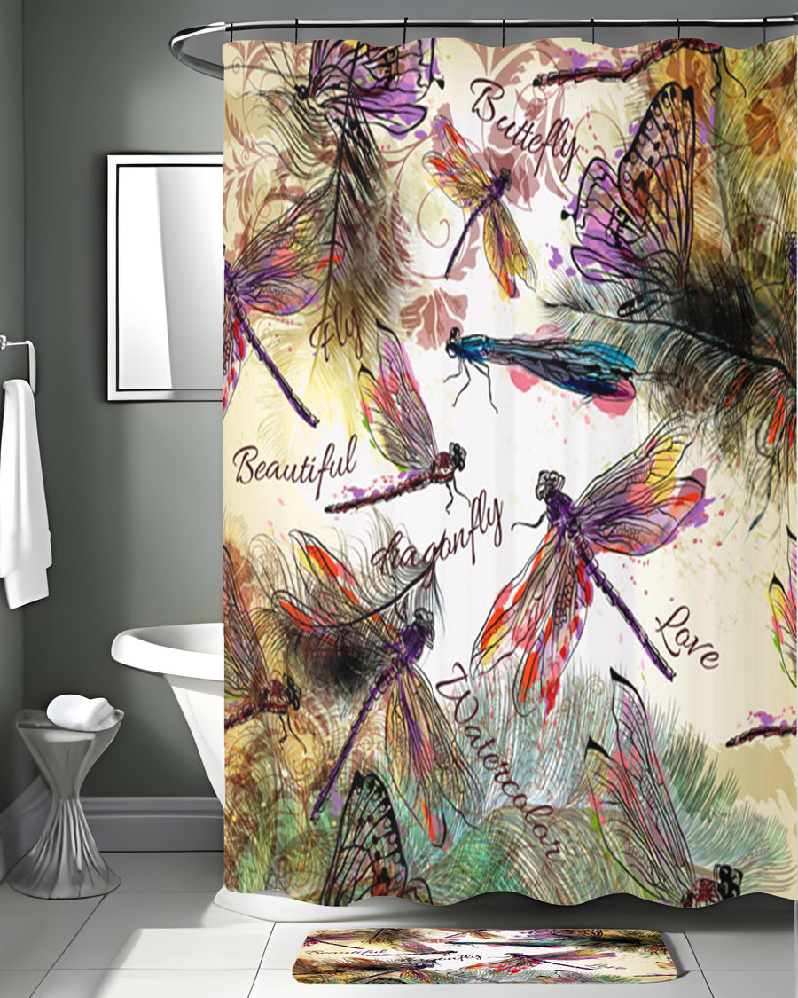 Multicolor Dragonfly Botanical Illustration Shower Curtain