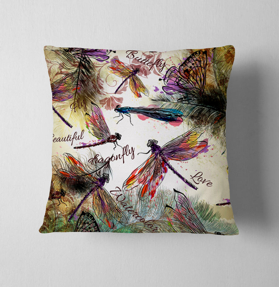 Multicolor Dragonfly Botanical Illustration Throw Pillow Cover