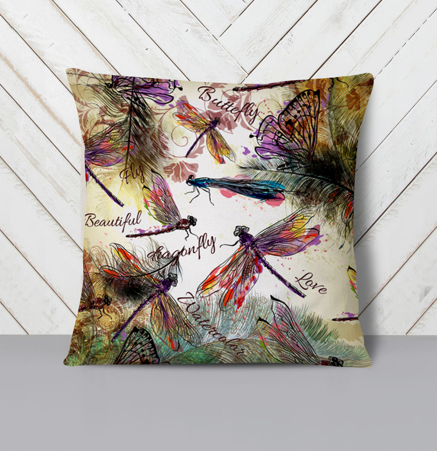Multicolor Dragonfly Botanical Illustration Throw Pillow Cover