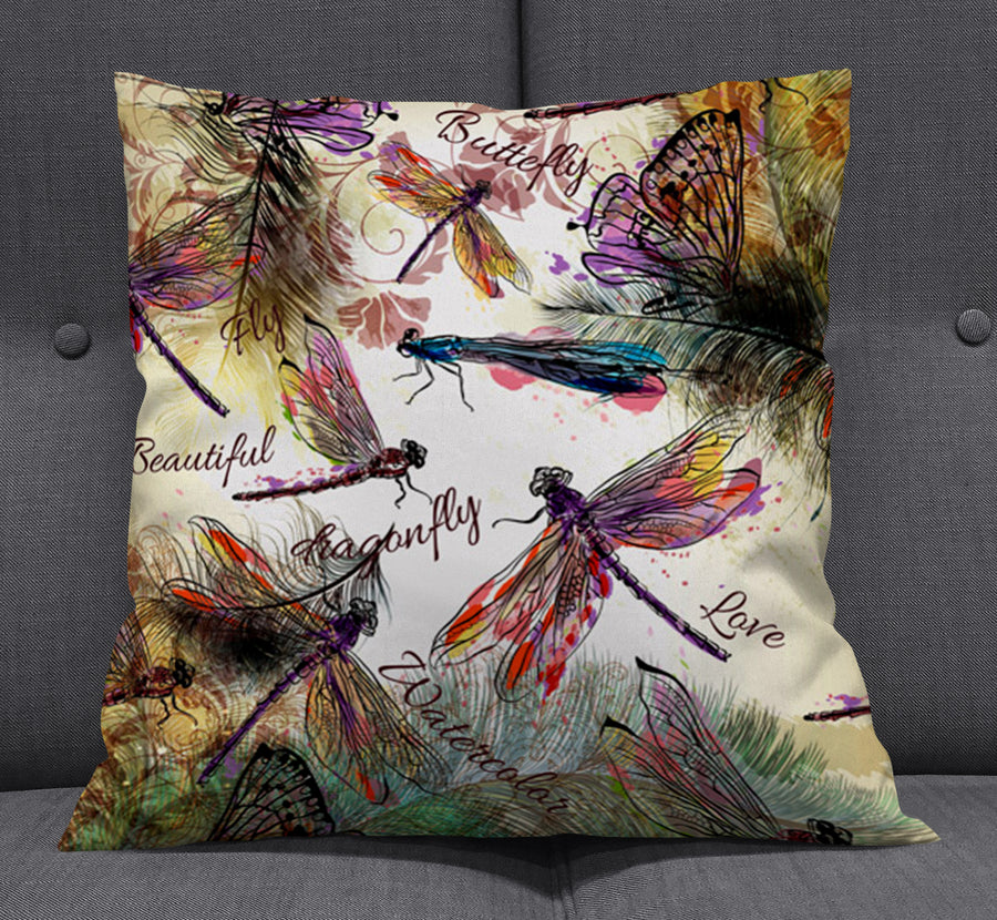 Multicolor Dragonfly Botanical Illustration Throw Pillow Cover