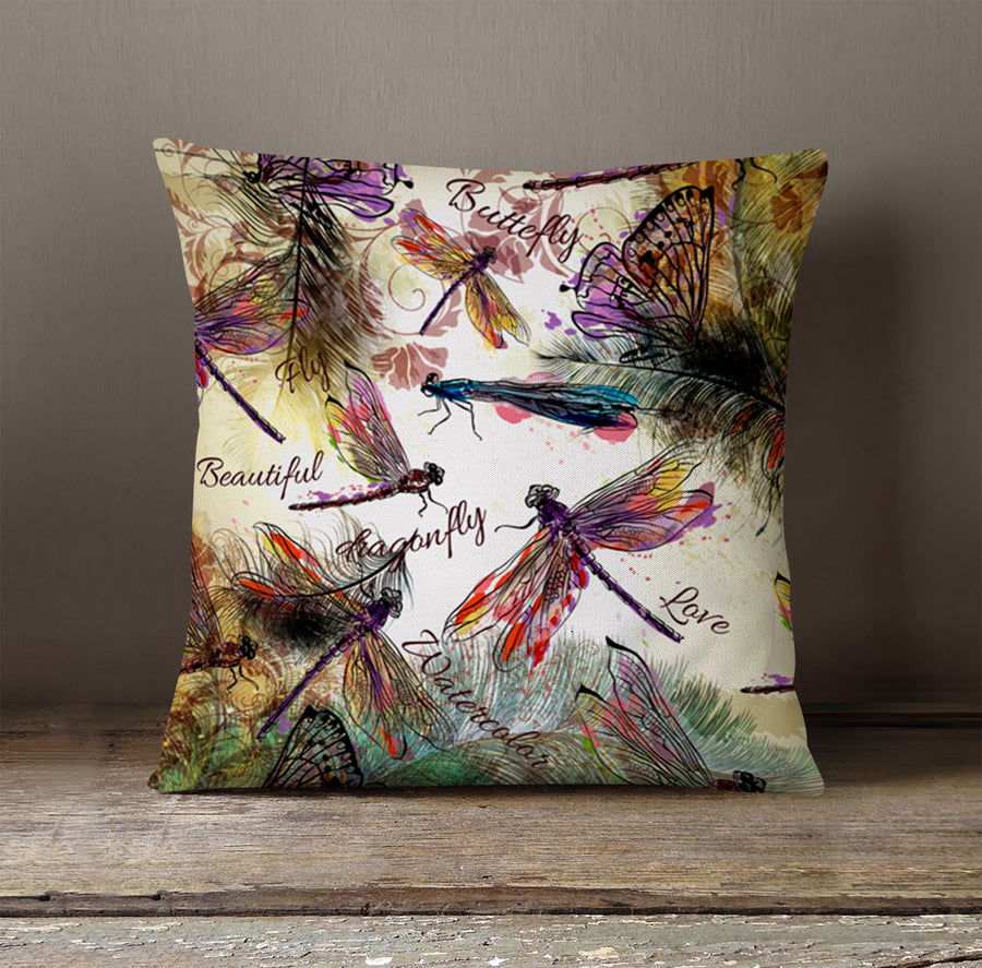 Multicolor Dragonfly Botanical Illustration Throw Pillow Cover