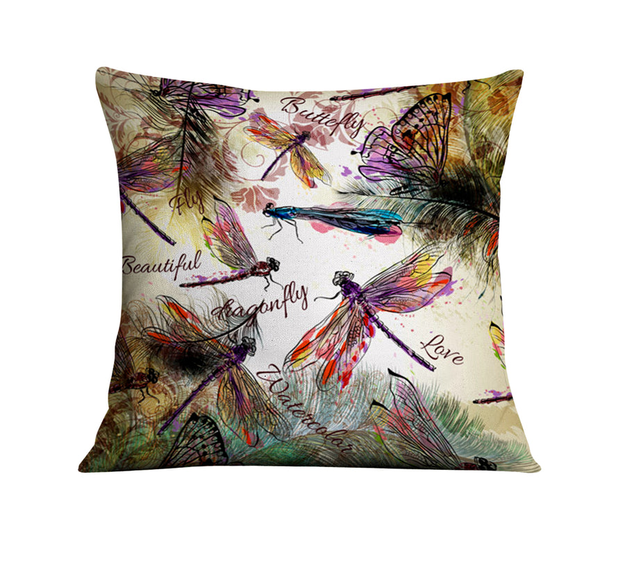 Multicolor Dragonfly Botanical Illustration Throw Pillow Cover