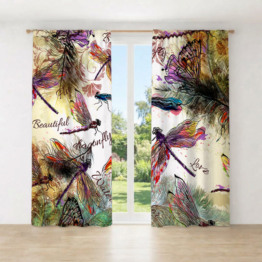 Multicolor Dragonfly Botanical Illustration Window Curtains