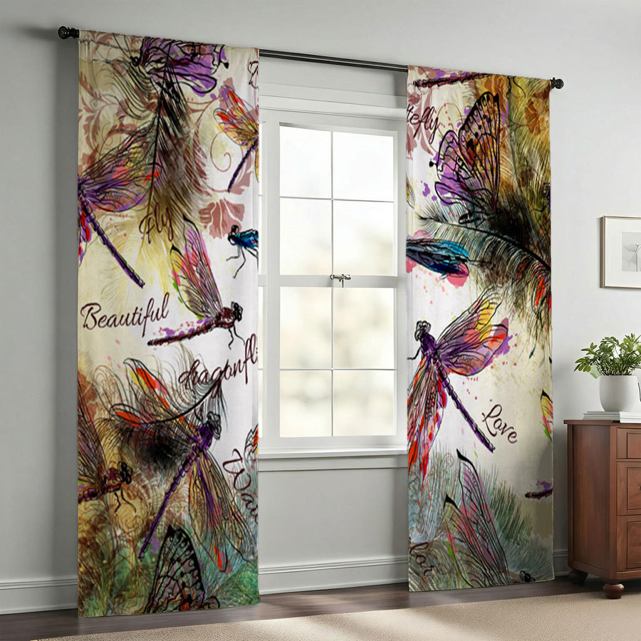 Multicolor Dragonfly Botanical Illustration Window Curtains