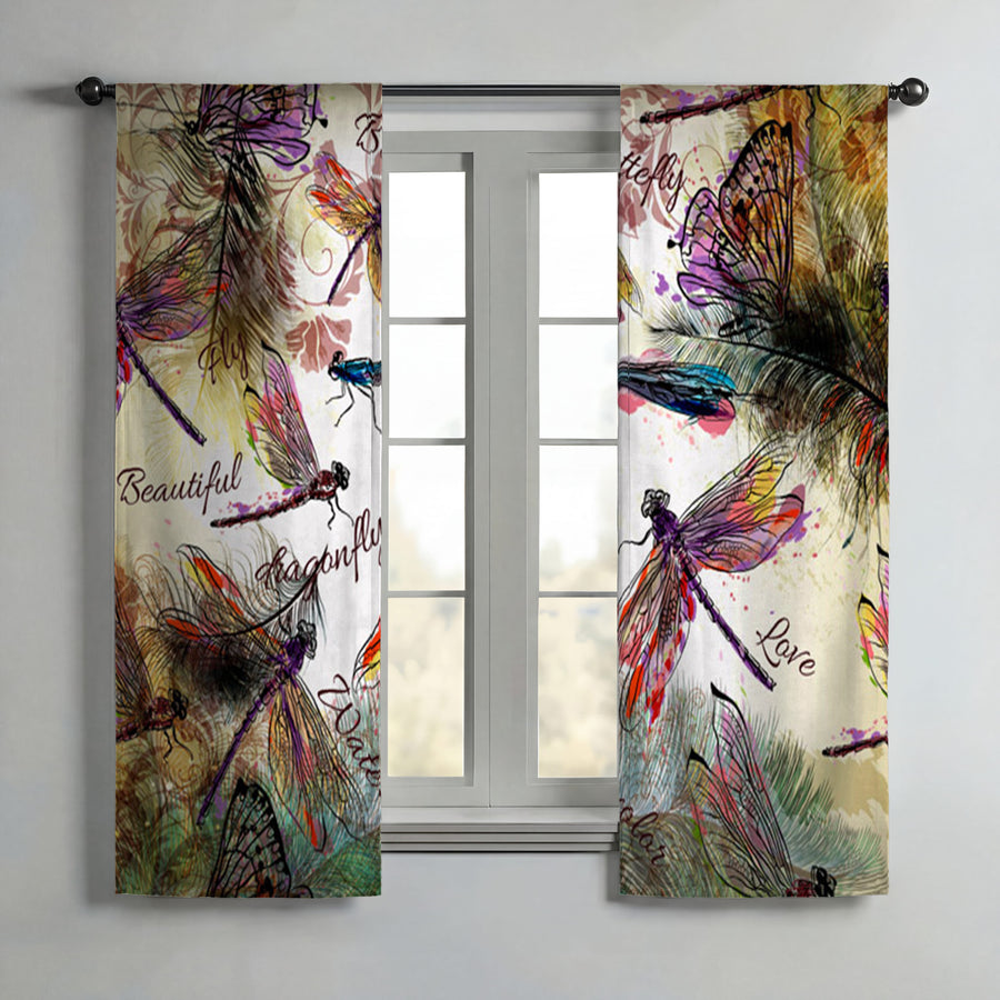 Multicolor Dragonfly Botanical Illustration Window Curtains