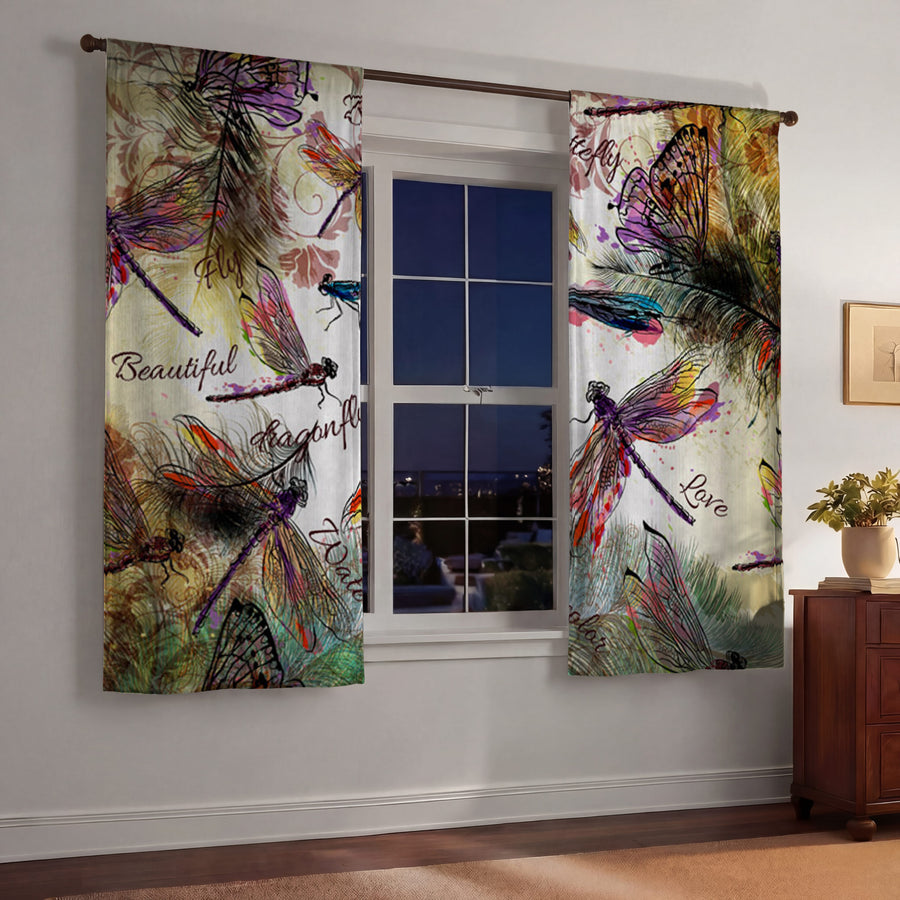 Multicolor Dragonfly Botanical Illustration Window Curtains