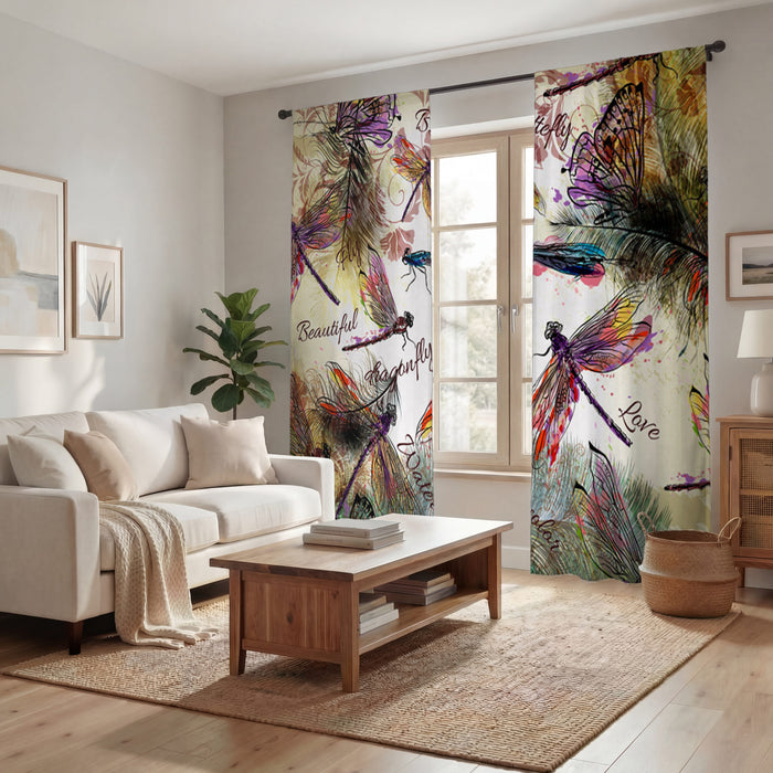Multicolor Dragonfly Botanical Illustration Window Curtains