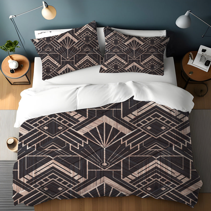 Brown Art Deco Geometric Tile Pattern Duvet Cover