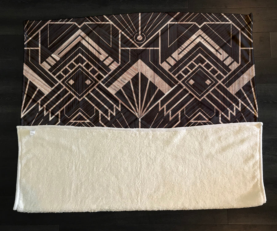Brown Art Deco Geometric Tile Pattern Fleece Sherpa Blanket