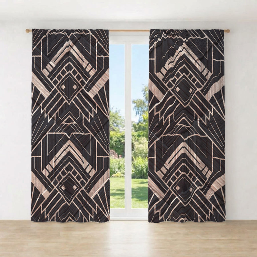 Brown Art Deco Geometric Tile Pattern Window Curtains