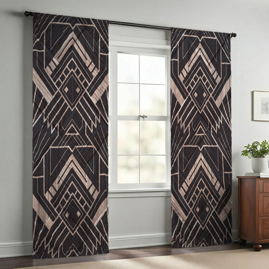 Brown Art Deco Geometric Tile Pattern Window Curtains