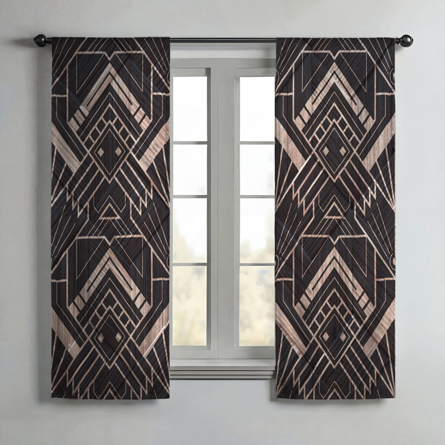 Brown Art Deco Geometric Tile Pattern Window Curtains