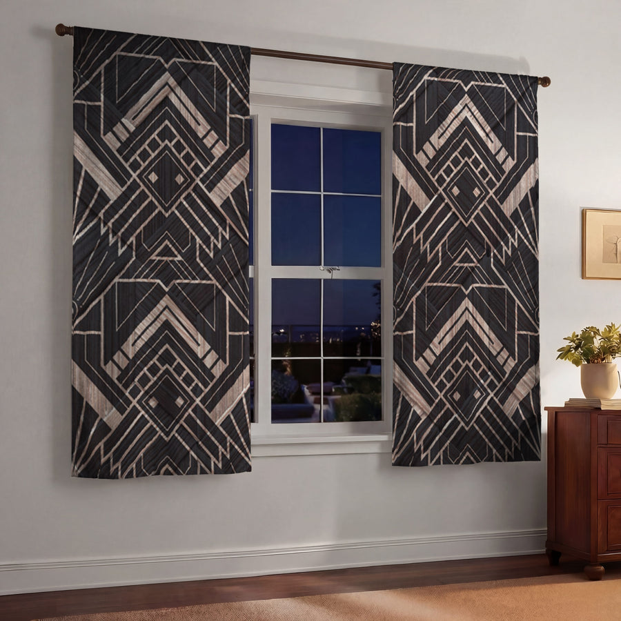 Brown Art Deco Geometric Tile Pattern Window Curtains
