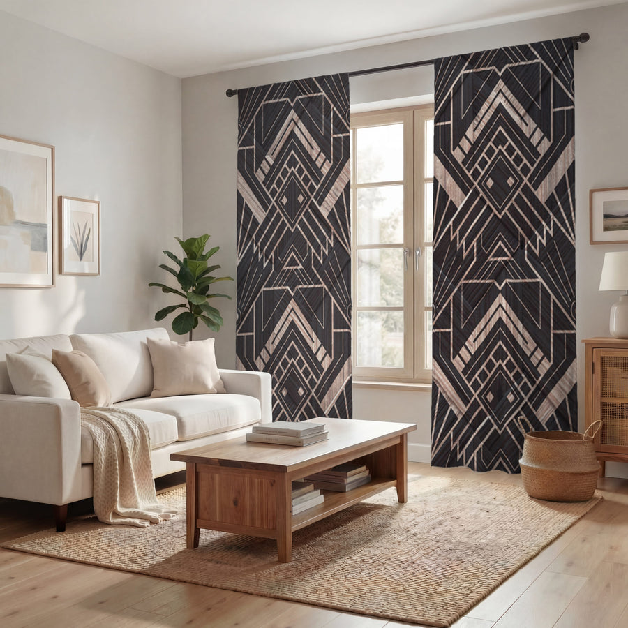 Brown Art Deco Geometric Tile Pattern Window Curtains